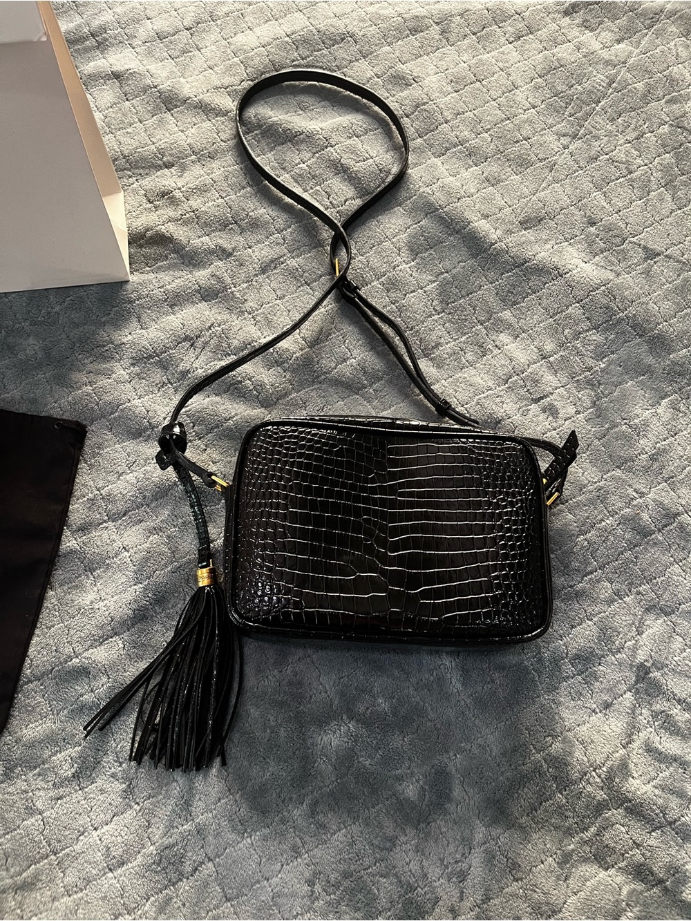 Saint Laurent Black Croc-Embossed Leather Camera Bag with Gold YSL Hardware - Picture 2 of 9